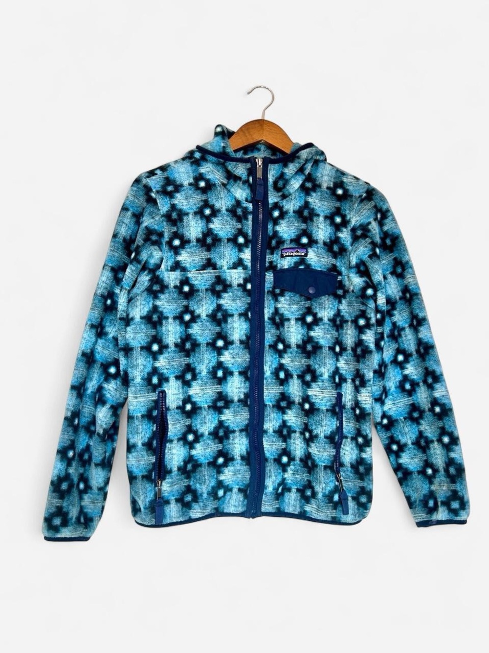 Patagonia Teal and Navy Patterned Hooded Fleece Jacket